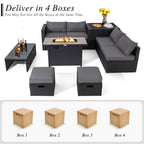 9-Piece Outdoor PE Rattan Wicker Sectional Sofa with 42-Inch 60,000 BTU Gas Fire Pit Table