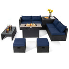 9-Piece Outdoor PE Rattan Wicker Sectional Sofa with 42-Inch 60,000 BTU Gas Fire Pit Table