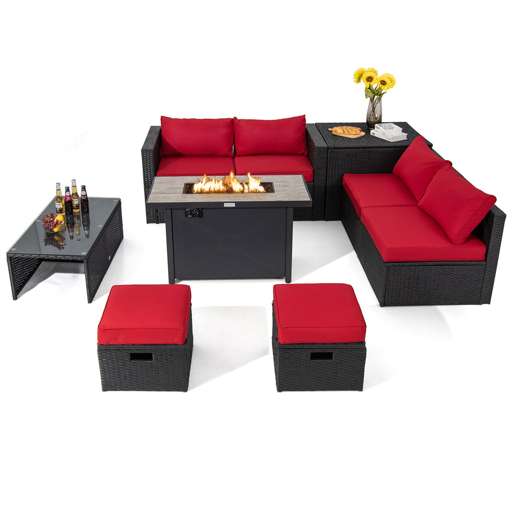 9-Piece Outdoor PE Rattan Wicker Sectional Sofa with 42-Inch 60,000 BTU Gas Fire Pit Table