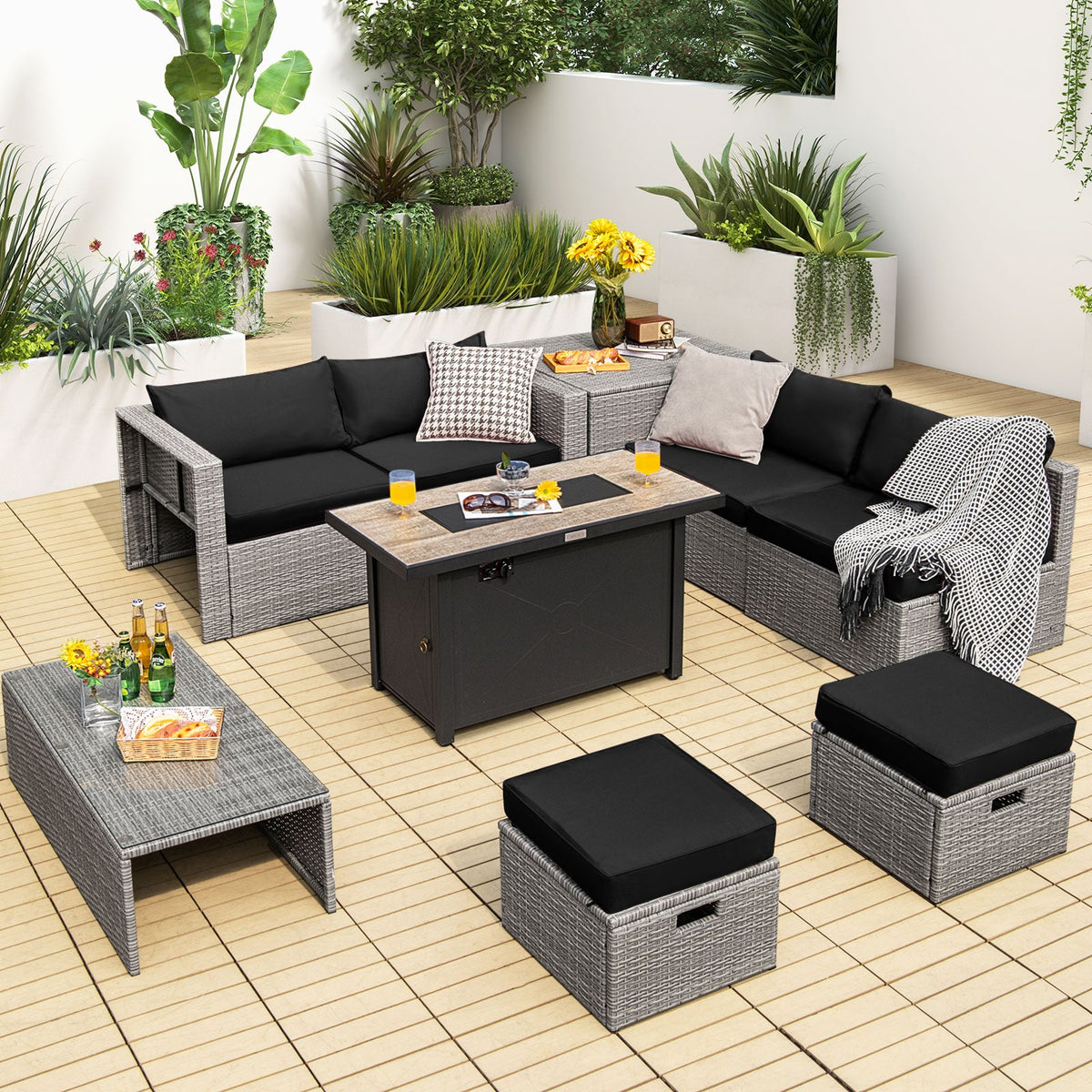 9-Piece Patio Furniture Set with 42 Inches 60000 BTU Fire Pit