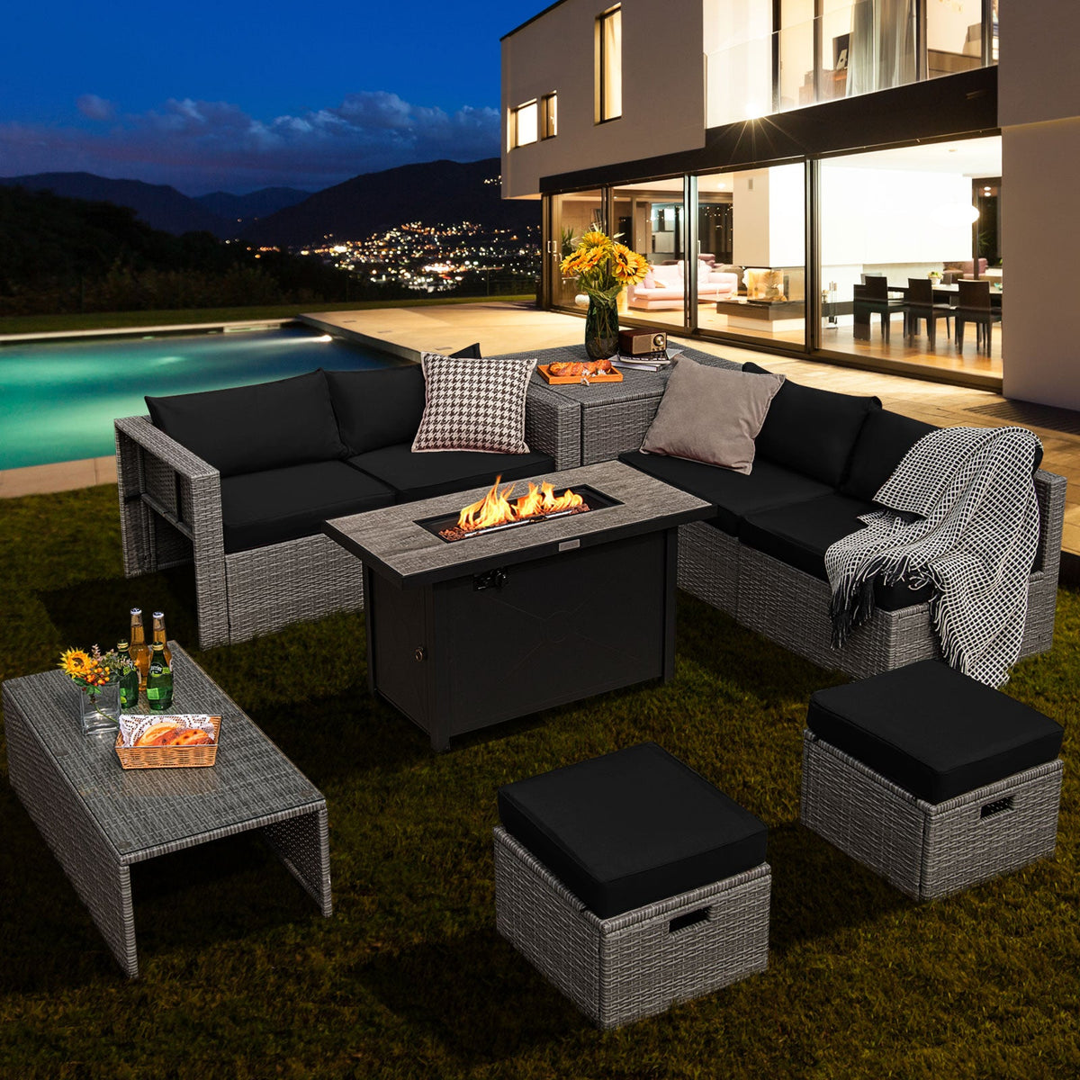 9-Piece Patio Furniture Set with 42 Inches 60000 BTU Fire Pit