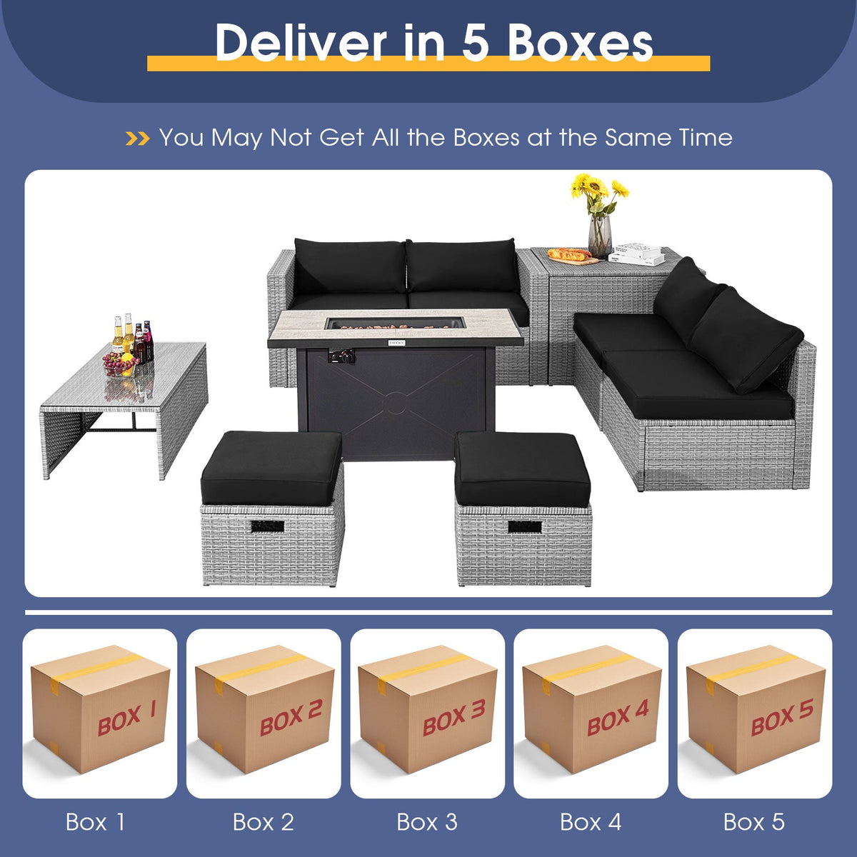 9-Piece Patio Furniture Set with 42 Inches 60000 BTU Fire Pit