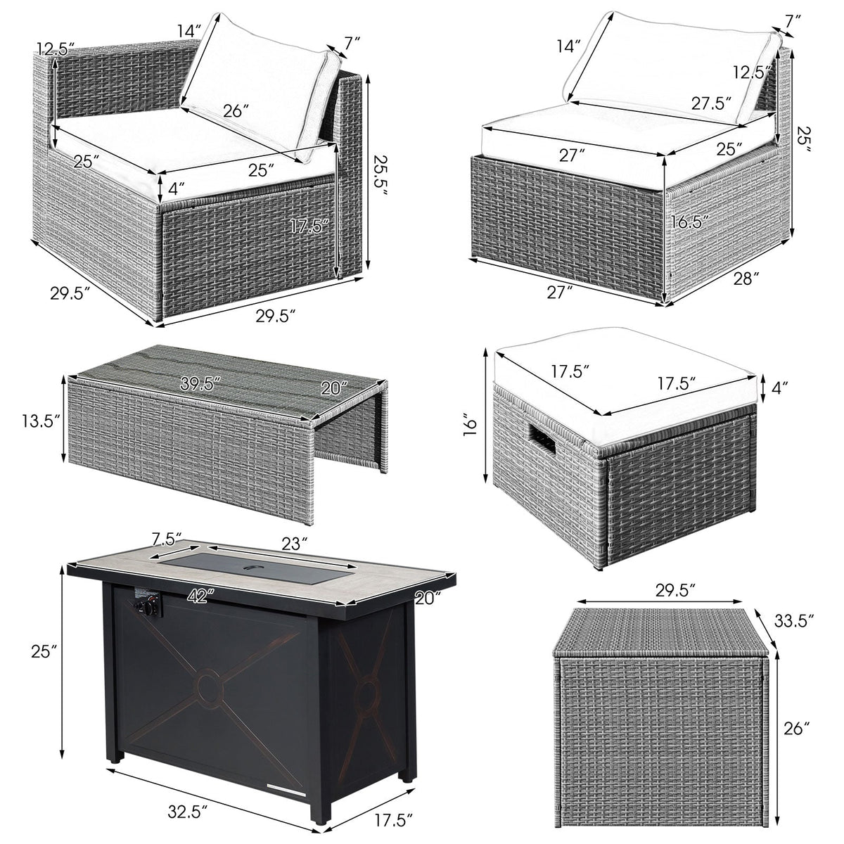 9-Piece Patio Furniture Set with 42 Inches 60000 BTU Fire Pit