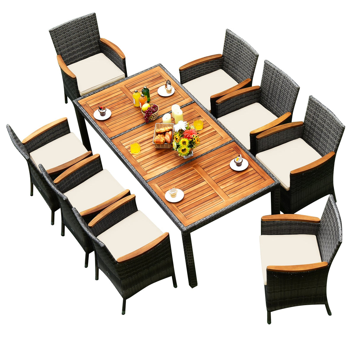 9-Piece Rattan Patio Dining Set with Acacia Wood Table and Cushioned Chair