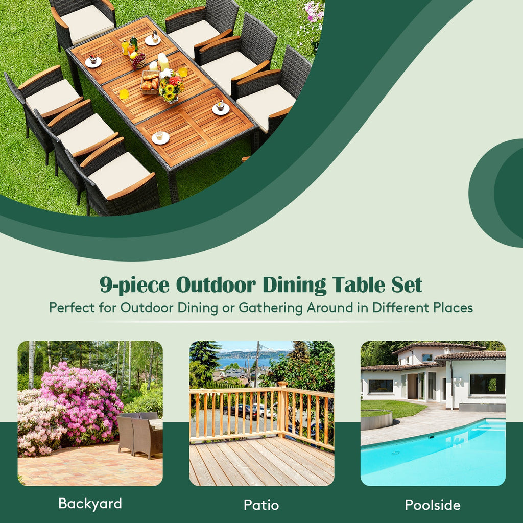 9-Piece Rattan Patio Dining Set with Acacia Wood Table and Cushioned Chair