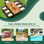 9-Piece Rattan Patio Dining Set with Acacia Wood Table and Cushioned Chair
