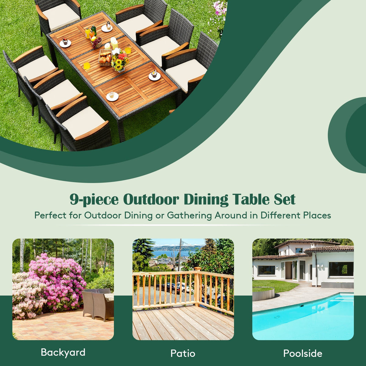 9-Piece Rattan Patio Dining Set with Acacia Wood Table and Cushioned Chair