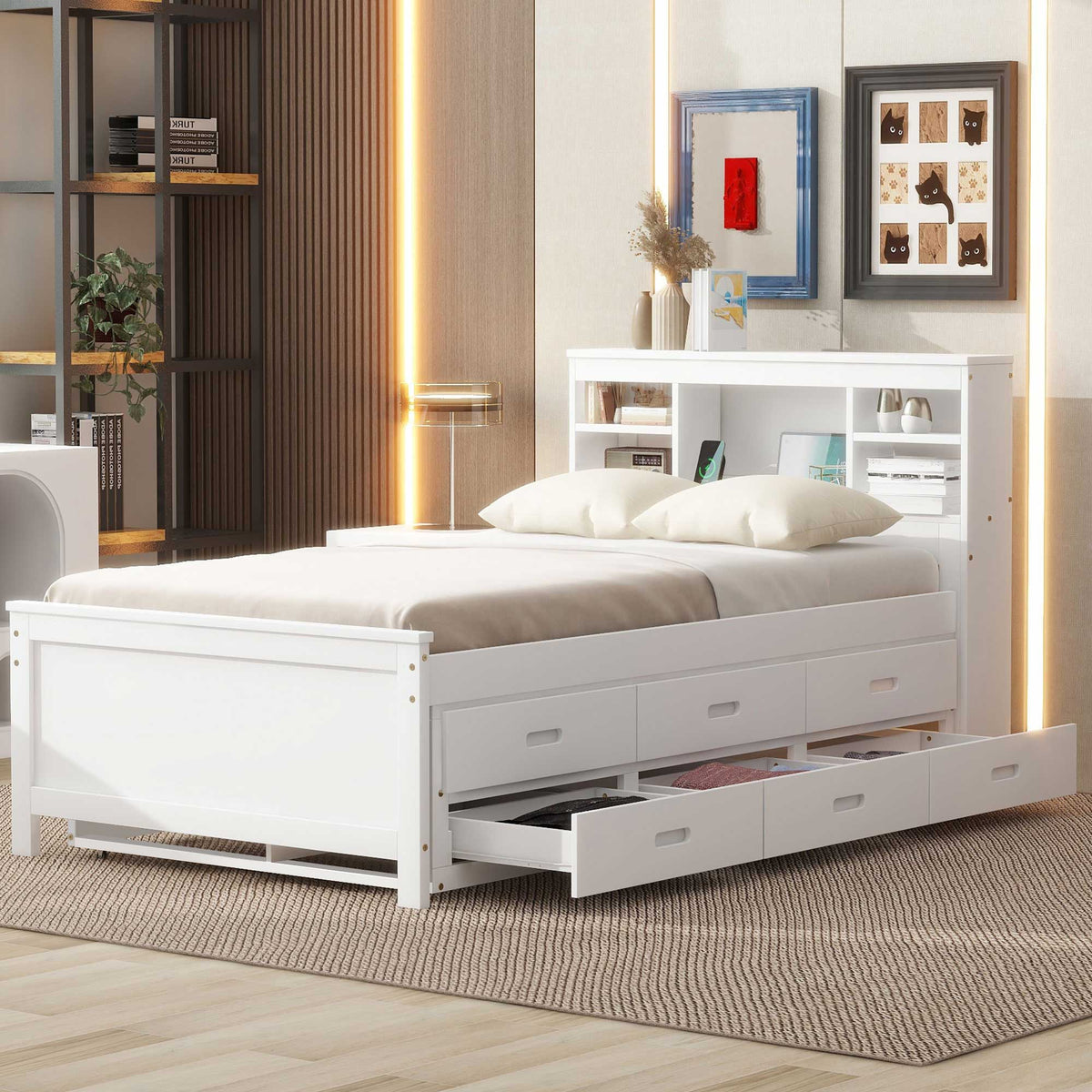 Platform Bed with Storage Headboard, USB, Trundle & 3 – Drawer