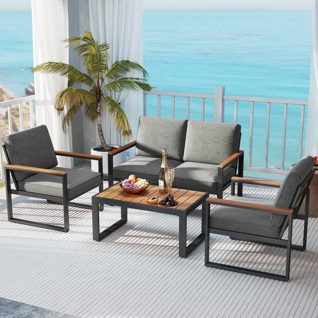 4 Piece Patio Aluminum Furniture Set with Armrests and Tabletop – Gray