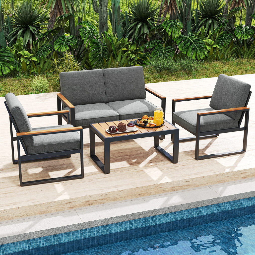 4 Piece Patio Aluminum Furniture Set with Armrests and Tabletop – Gray