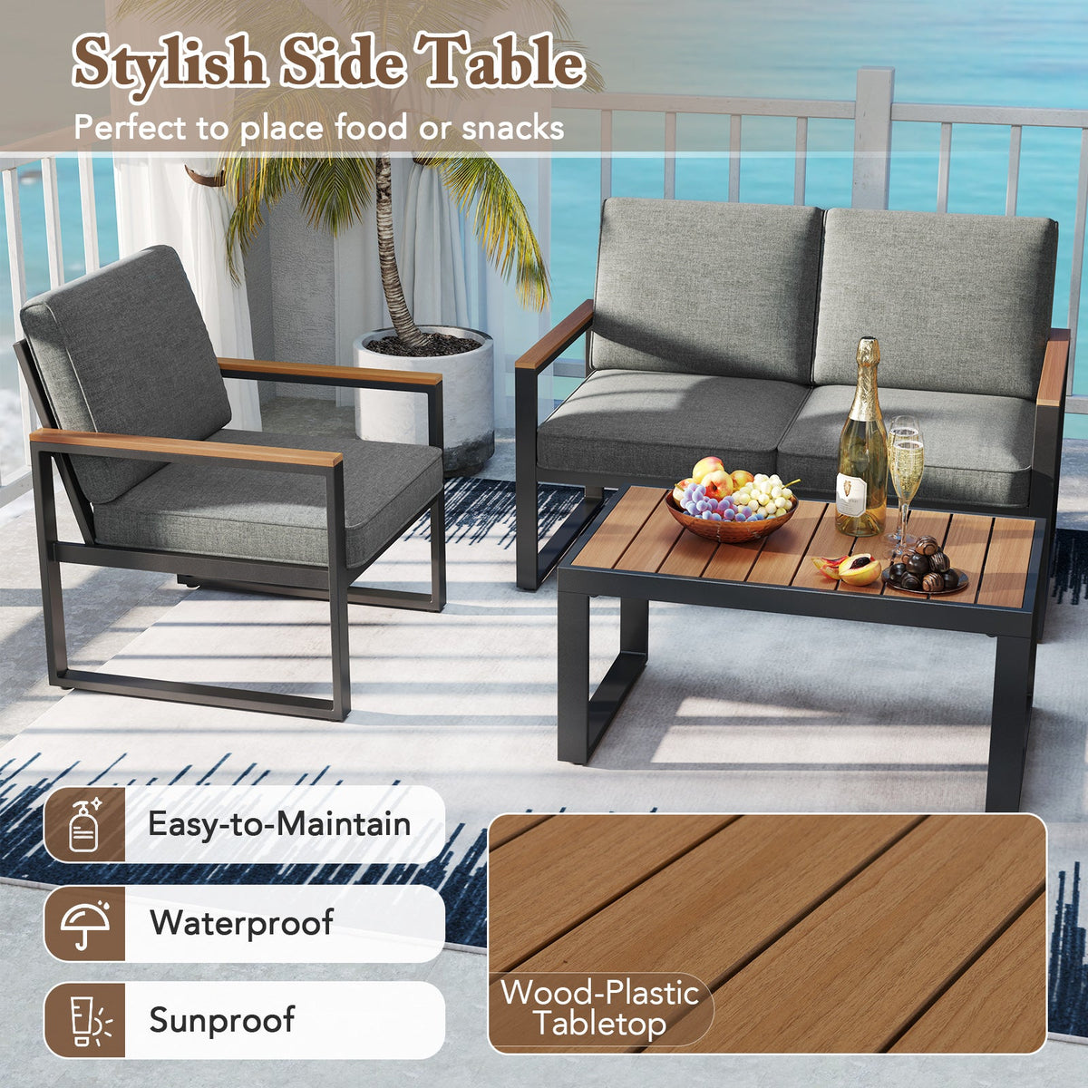4 Piece Patio Aluminum Furniture Set with Armrests and Tabletop – Gray