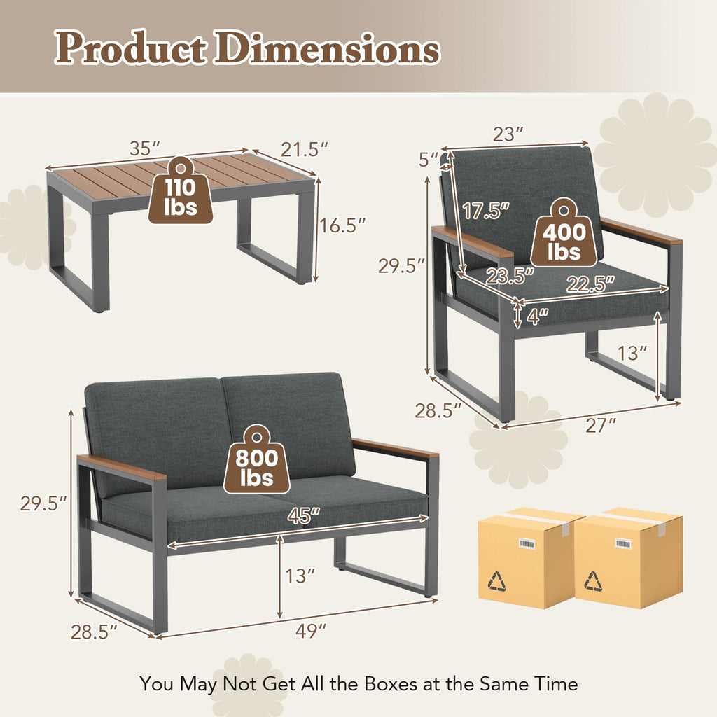 4 Piece Patio Aluminum Furniture Set with Armrests and Tabletop – Gray