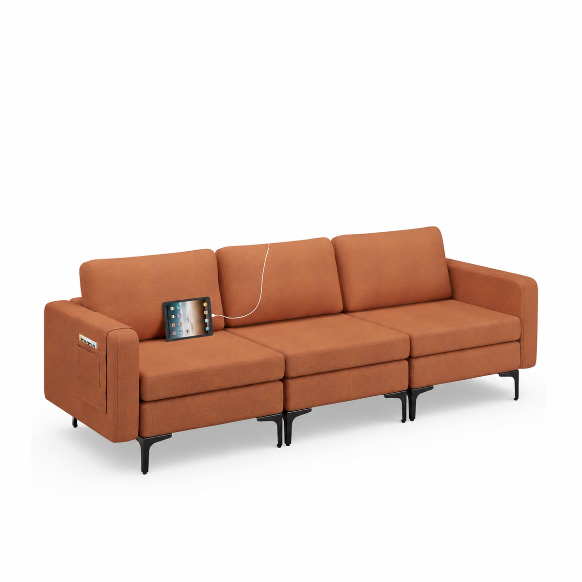 Convertible Leather Sofa Couch with Magazine Pockets 3-Seat with 2 USB Port