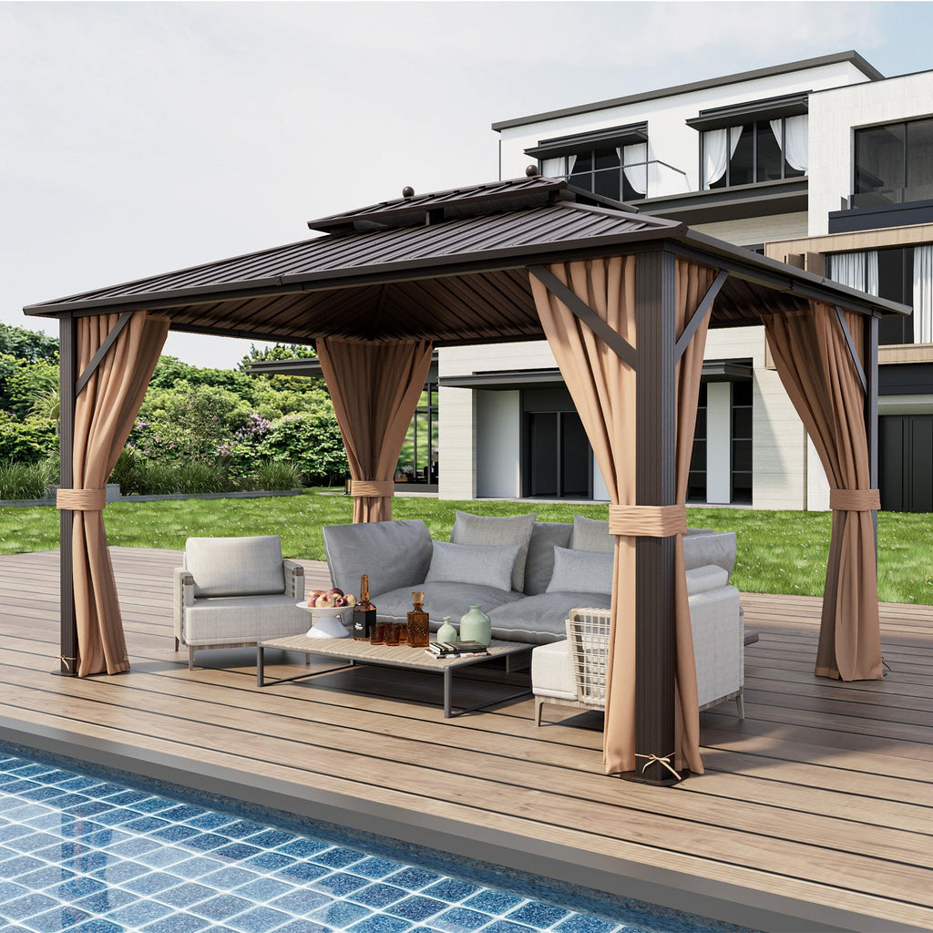 10 x 13 ft Double-Roof Patio Hardtop Gazebo with Galvanized Steel Roof Netting and Curtains – Coffee