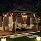 10 x 13 ft Double-Roof Patio Hardtop Gazebo with Galvanized Steel Roof Netting and Curtains – Coffee