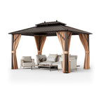 10 x 13 ft Double-Roof Patio Hardtop Gazebo with Galvanized Steel Roof Netting and Curtains – Coffee