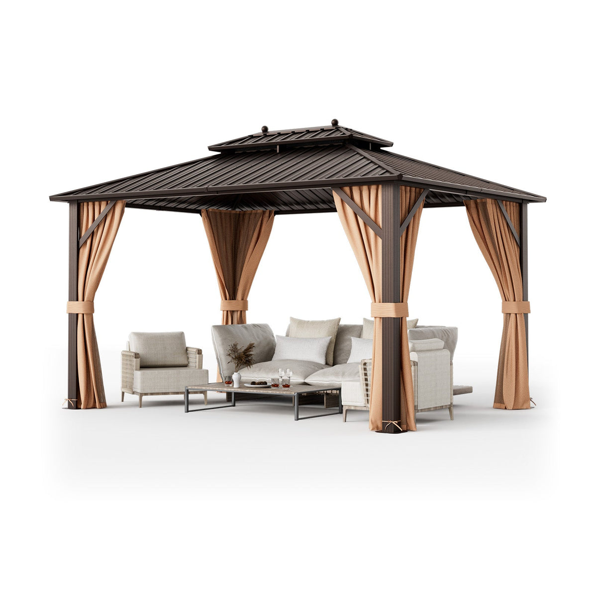 10 x 13 ft Double-Roof Patio Hardtop Gazebo with Galvanized Steel Roof Netting and Curtains – Coffee