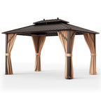 10 x 13 ft Double-Roof Patio Hardtop Gazebo with Galvanized Steel Roof Netting and Curtains – Coffee