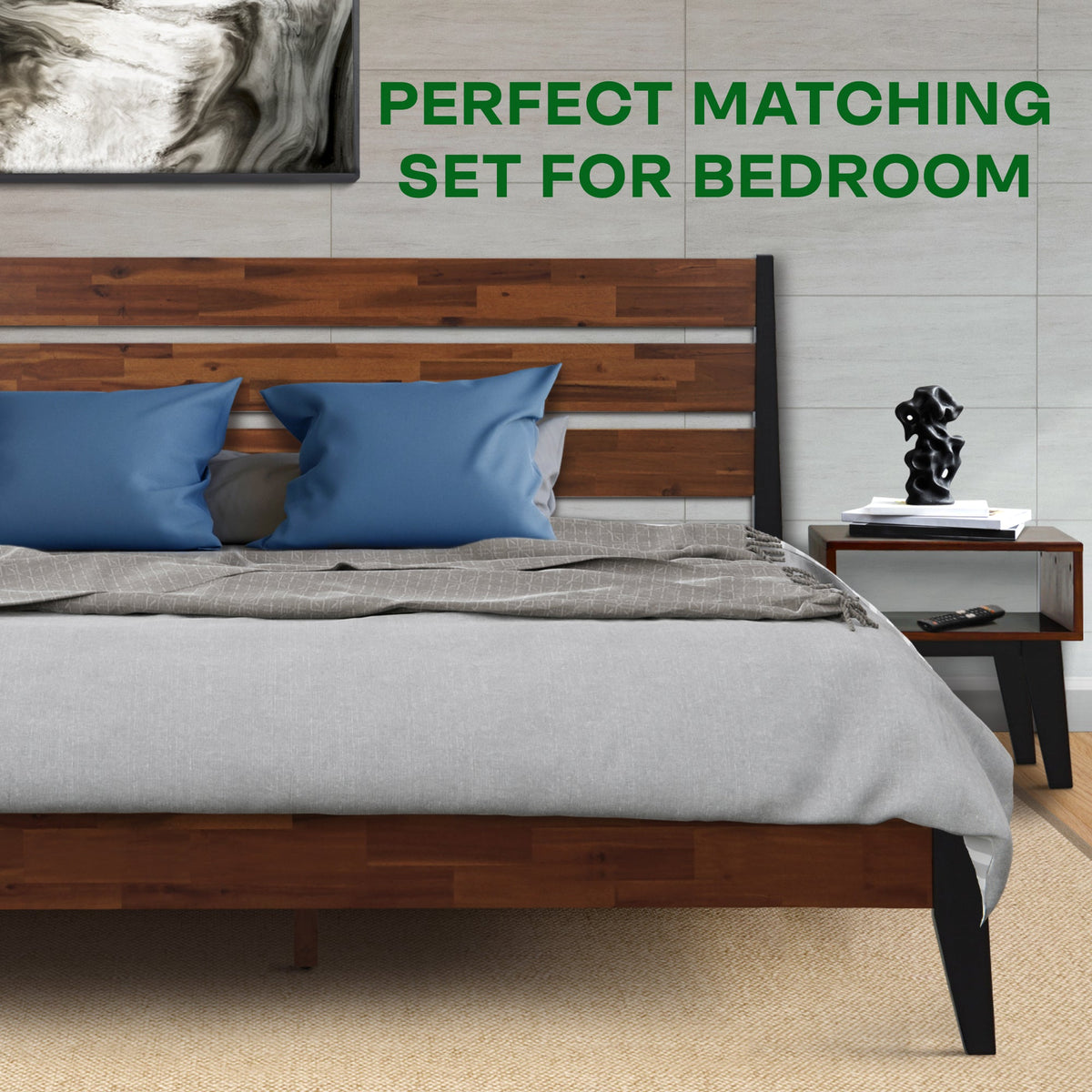 Emery Solid Wood Bed Frame & Nightstand Set