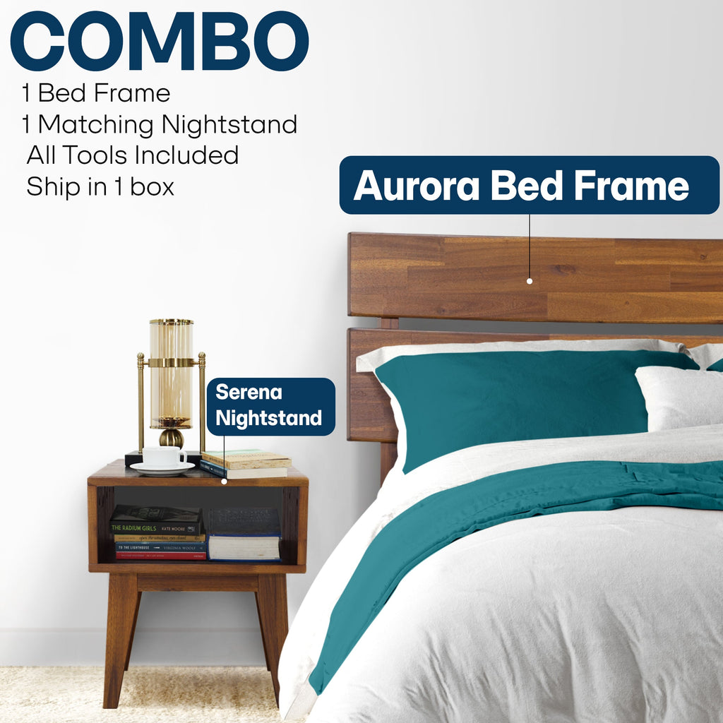 Aurora Solid Wood Bed Frame & Nightstand Set
