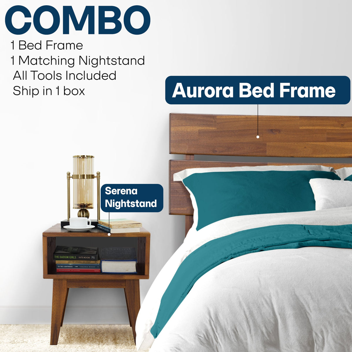 Aurora Solid Wood Bed Frame & Nightstand Set