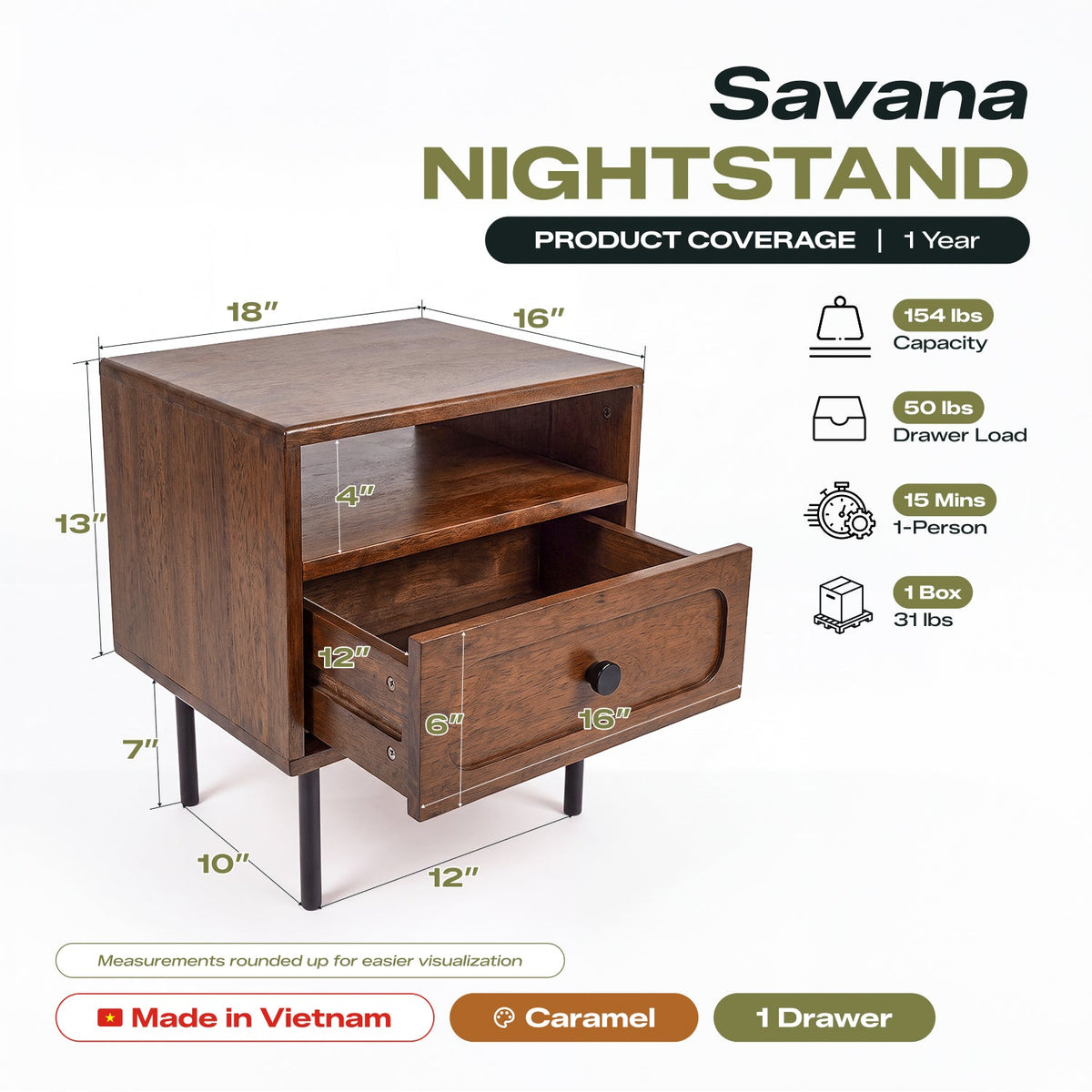 Savana Single Drawer Solid Wood Nightstand