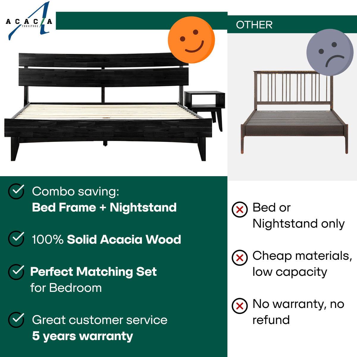 Aurora Solid Wood Bed Frame & Nightstand Set