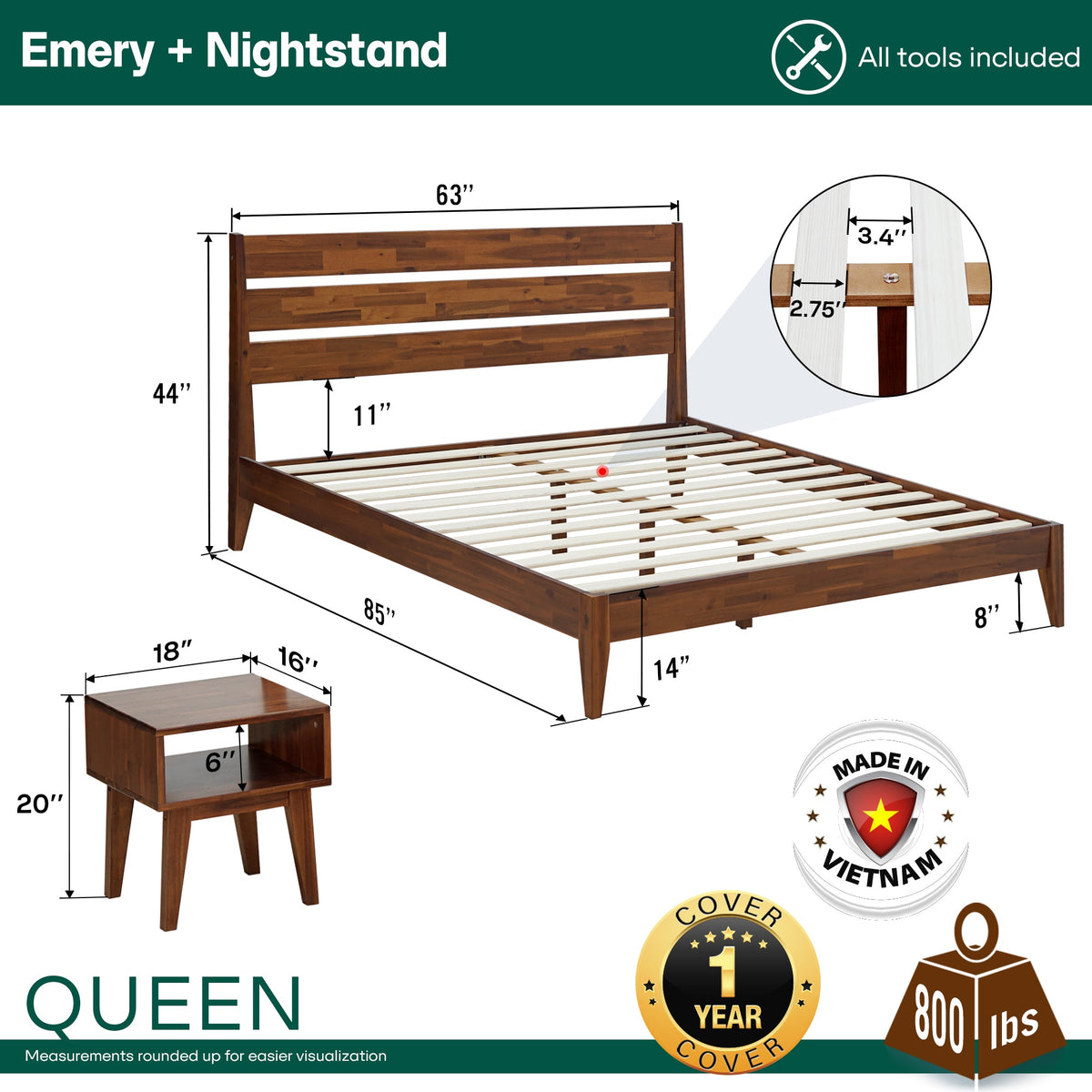 Emery Solid Wood Bed Frame & Nightstand Set