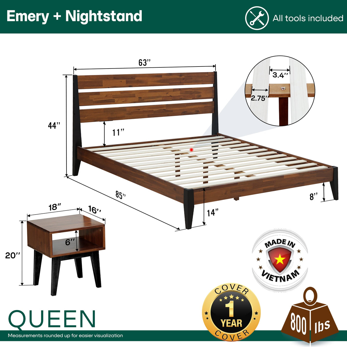 Emery Solid Wood Bed Frame & Nightstand Set