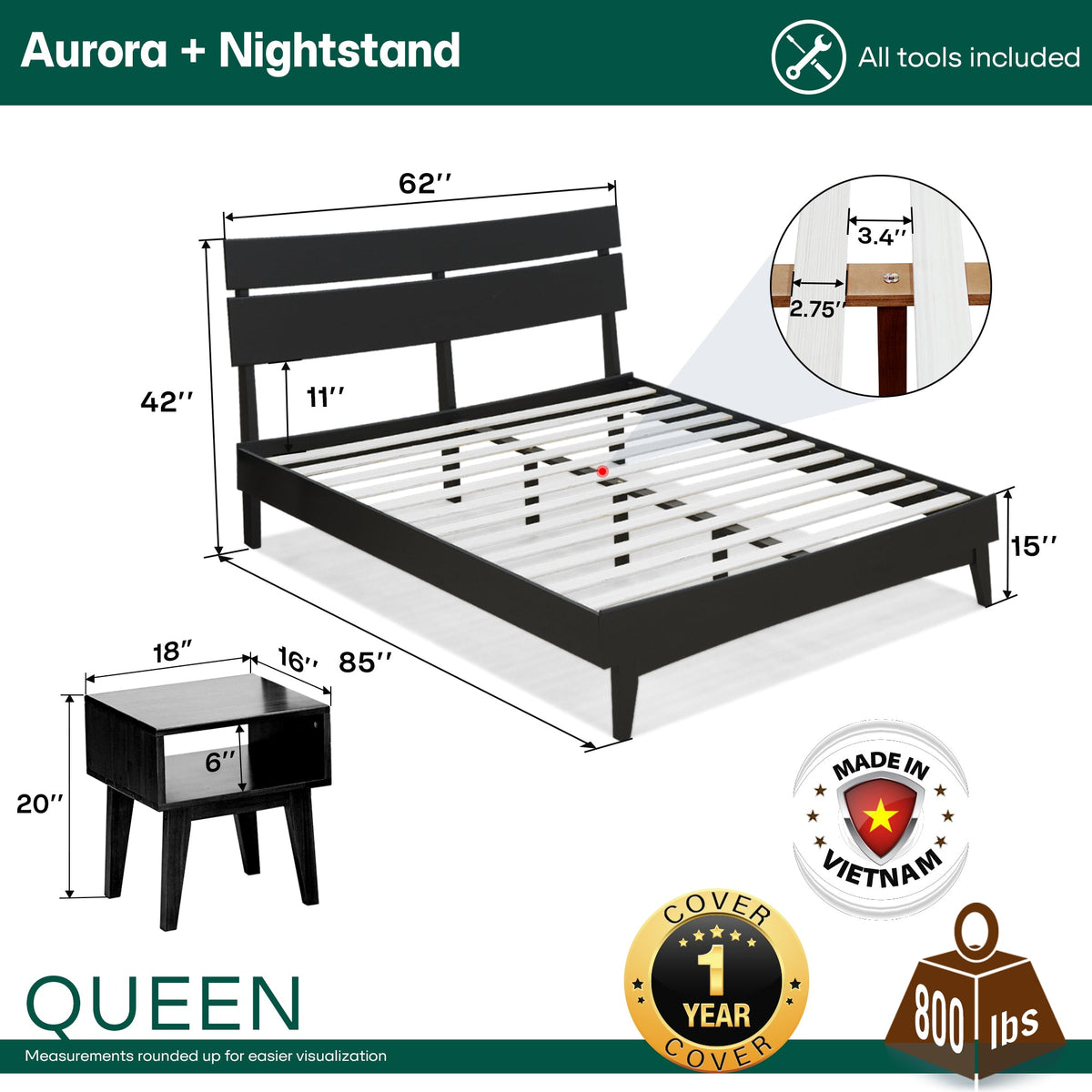 Aurora Solid Wood Bed Frame & Nightstand Set
