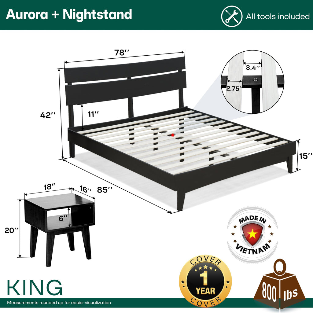 Aurora Solid Wood Bed Frame & Nightstand Set
