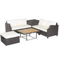 7-Piece Hand-Woven Wicker Outdoor Furniture Set with Acacia Wood Coffee Table – White