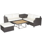 7-Piece Hand-Woven Wicker Outdoor Furniture Set with Acacia Wood Coffee Table – White