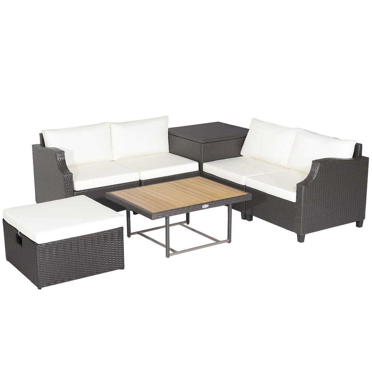 7-Piece Hand-Woven Wicker Outdoor Furniture Set with Acacia Wood Coffee Table – White
