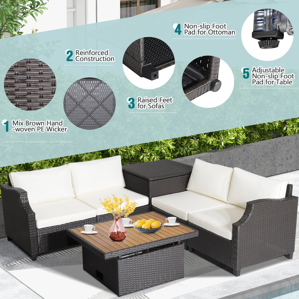 7-Piece Hand-Woven Wicker Outdoor Furniture Set with Acacia Wood Coffee Table – White