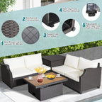 7-Piece Hand-Woven Wicker Outdoor Furniture Set with Acacia Wood Coffee Table – White