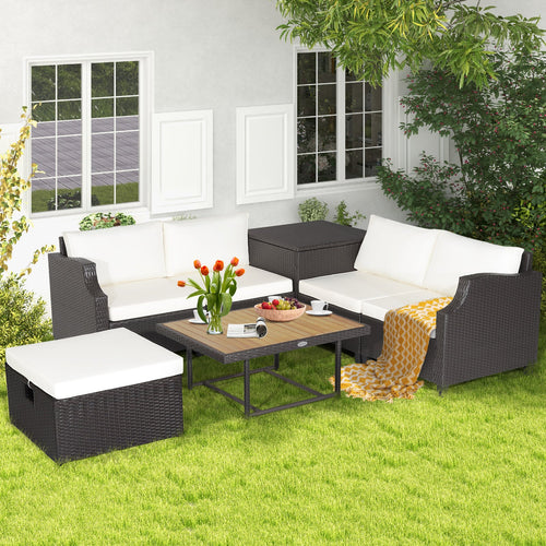 7-Piece Hand-Woven Wicker Outdoor Furniture Set with Acacia Wood Coffee Table – White