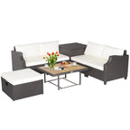 7-Piece Hand-Woven Wicker Outdoor Furniture Set with Acacia Wood Coffee Table – White