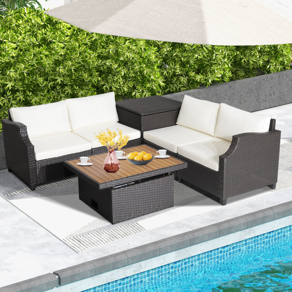 7-Piece Hand-Woven Wicker Outdoor Furniture Set with Acacia Wood Coffee Table – White