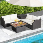 7-Piece Hand-Woven Wicker Outdoor Furniture Set with Acacia Wood Coffee Table – White