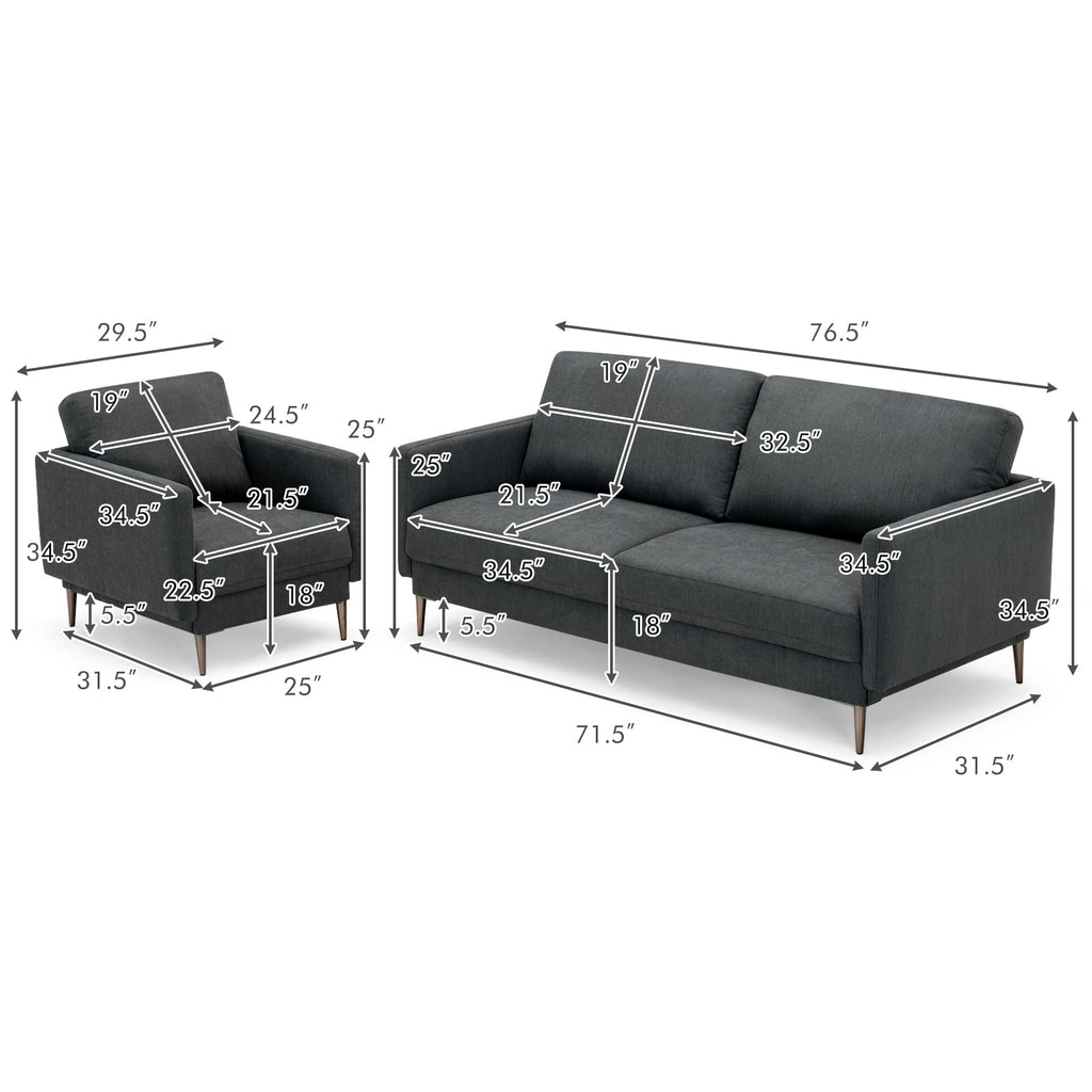 Modern Sofa Couch with Solid Metal Legs and Removable Backrest Cushion – Gray