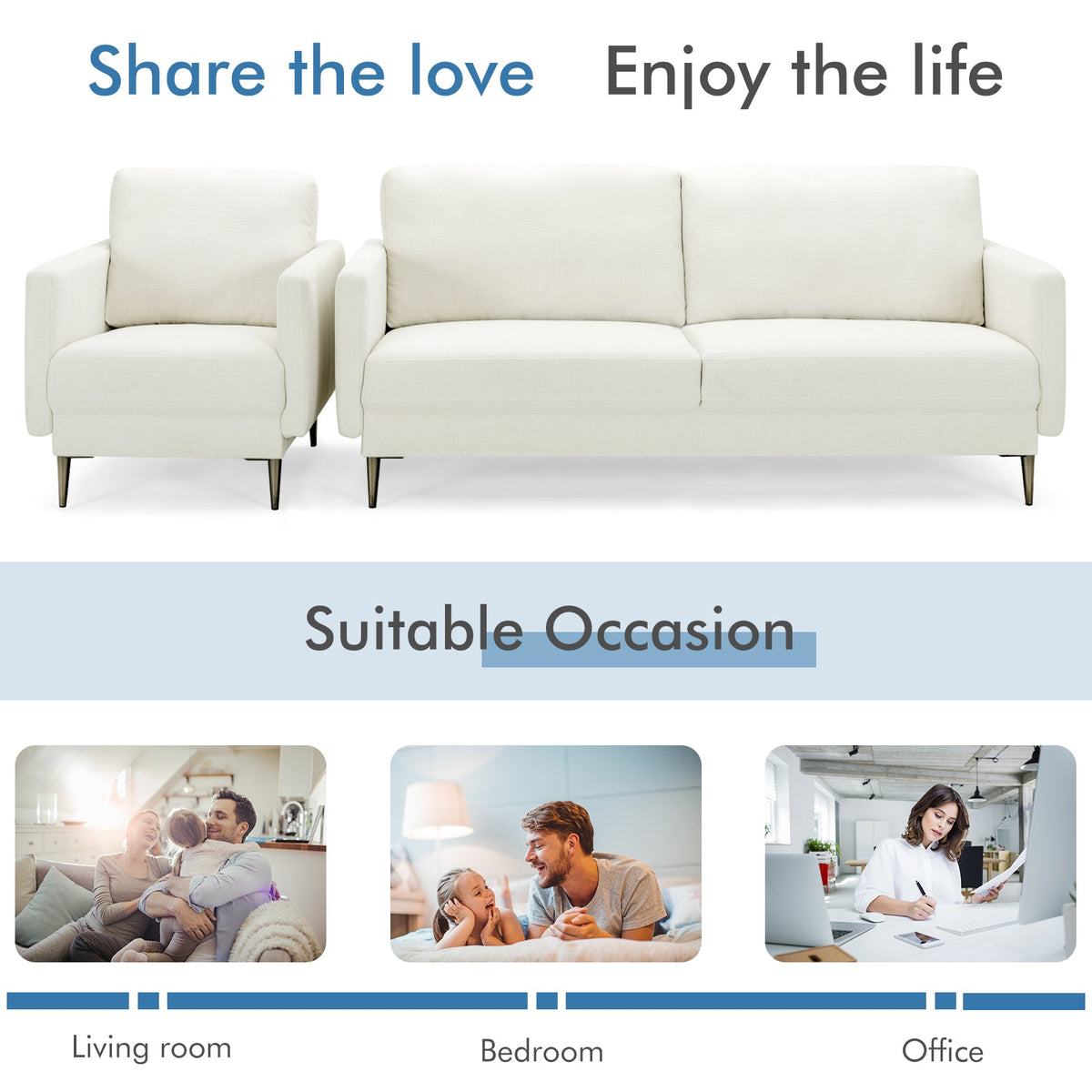 Modern Sofa Couch with Solid Metal Legs and Removable Backrest Cushion – Gray