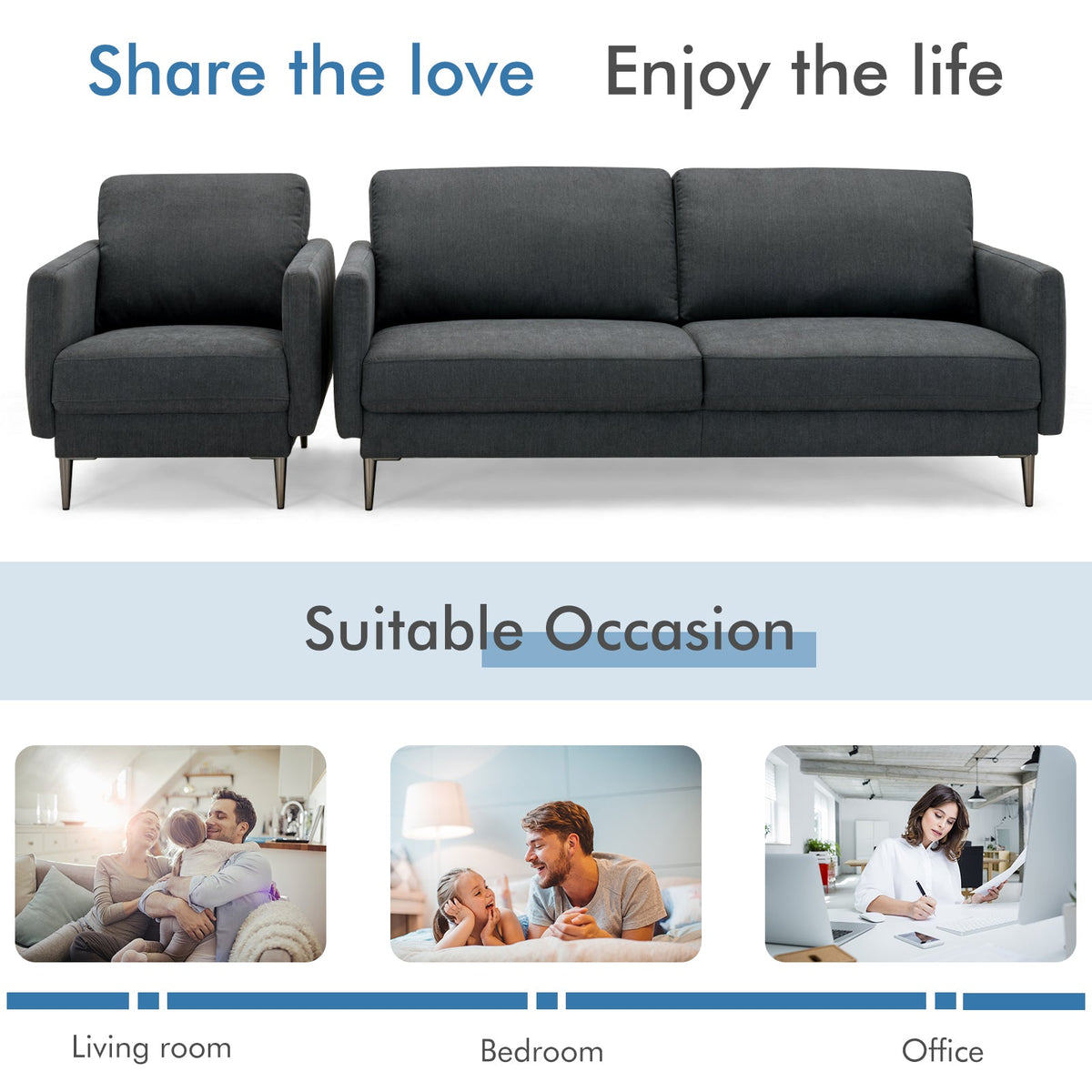 Modern Sofa Couch with Solid Metal Legs and Removable Backrest Cushion – Gray