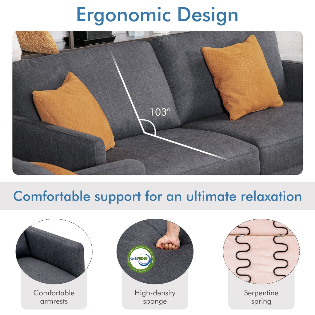 Modern Sofa Couch with Solid Metal Legs and Removable Backrest Cushion – Gray
