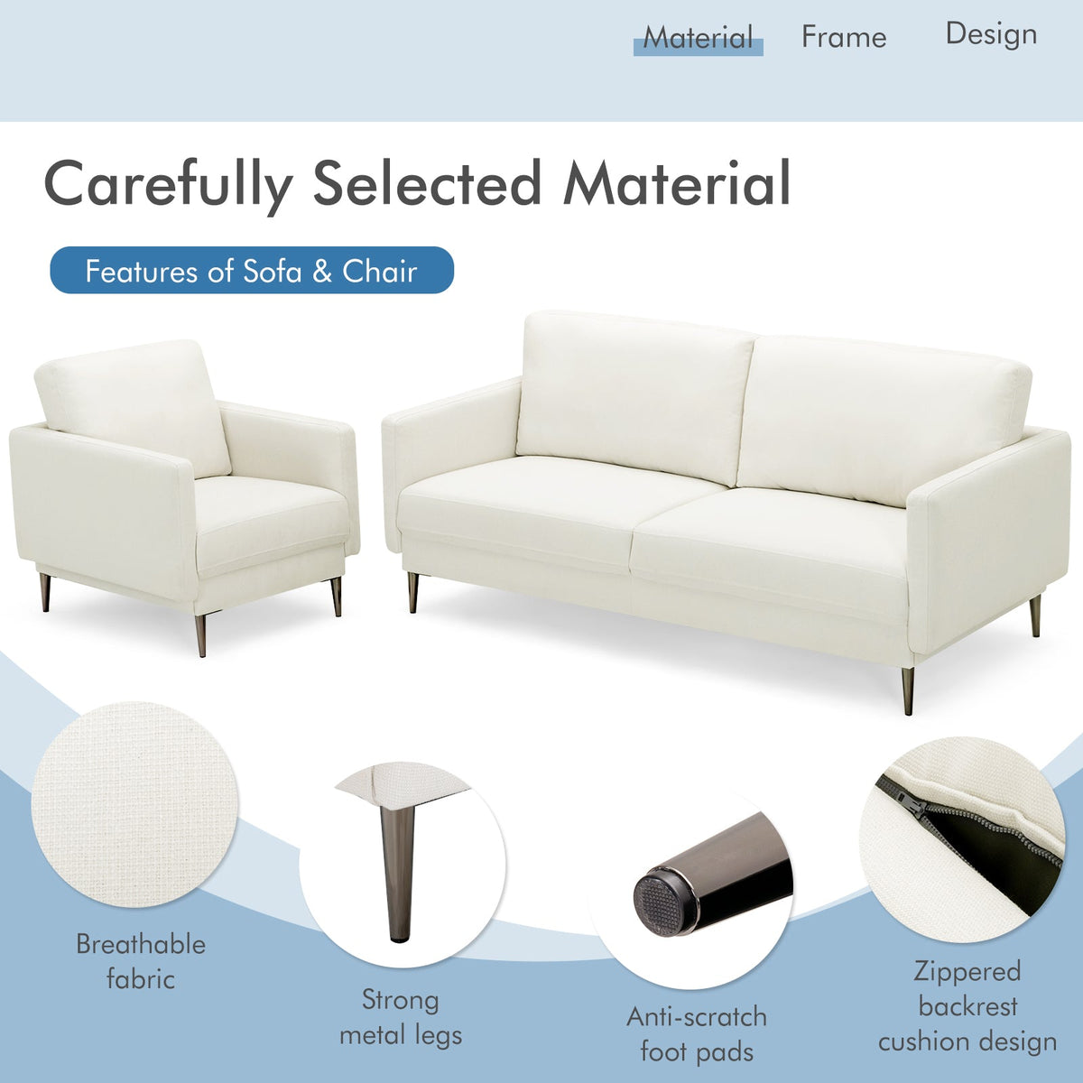 Modern Sofa Couch with Solid Metal Legs and Removable Backrest Cushion – Gray