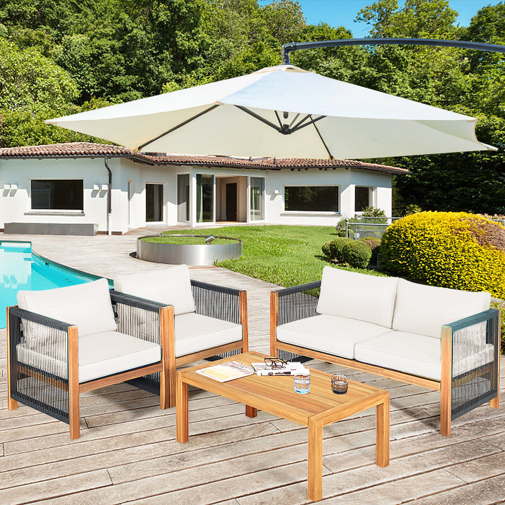 4-Piece Wood Outdoor Patio Furniture Set with Cushions for Garden
