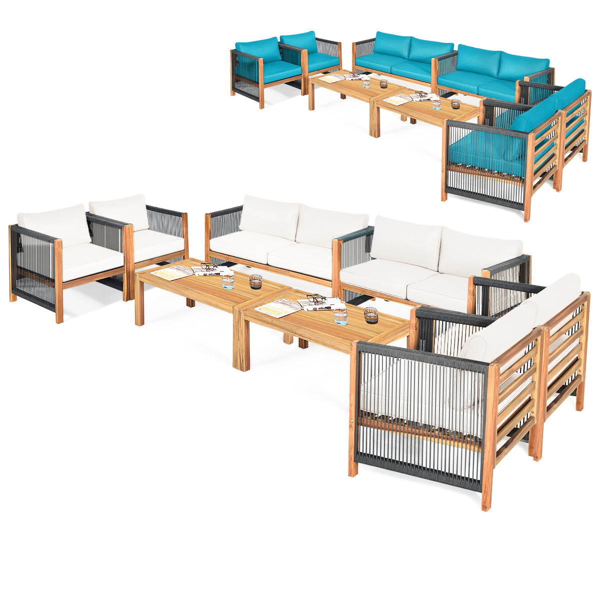 4-Piece Wood Outdoor Patio Furniture Set with Cushions for Garden