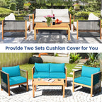 4-Piece Wood Outdoor Patio Furniture Set with Cushions for Garden