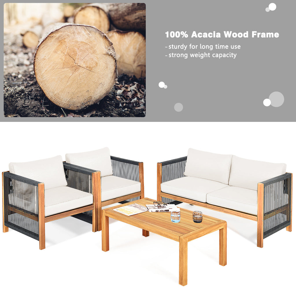 4-Piece Wood Outdoor Patio Furniture Set with Cushions for Garden