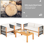4-Piece Wood Outdoor Patio Furniture Set with Cushions for Garden
